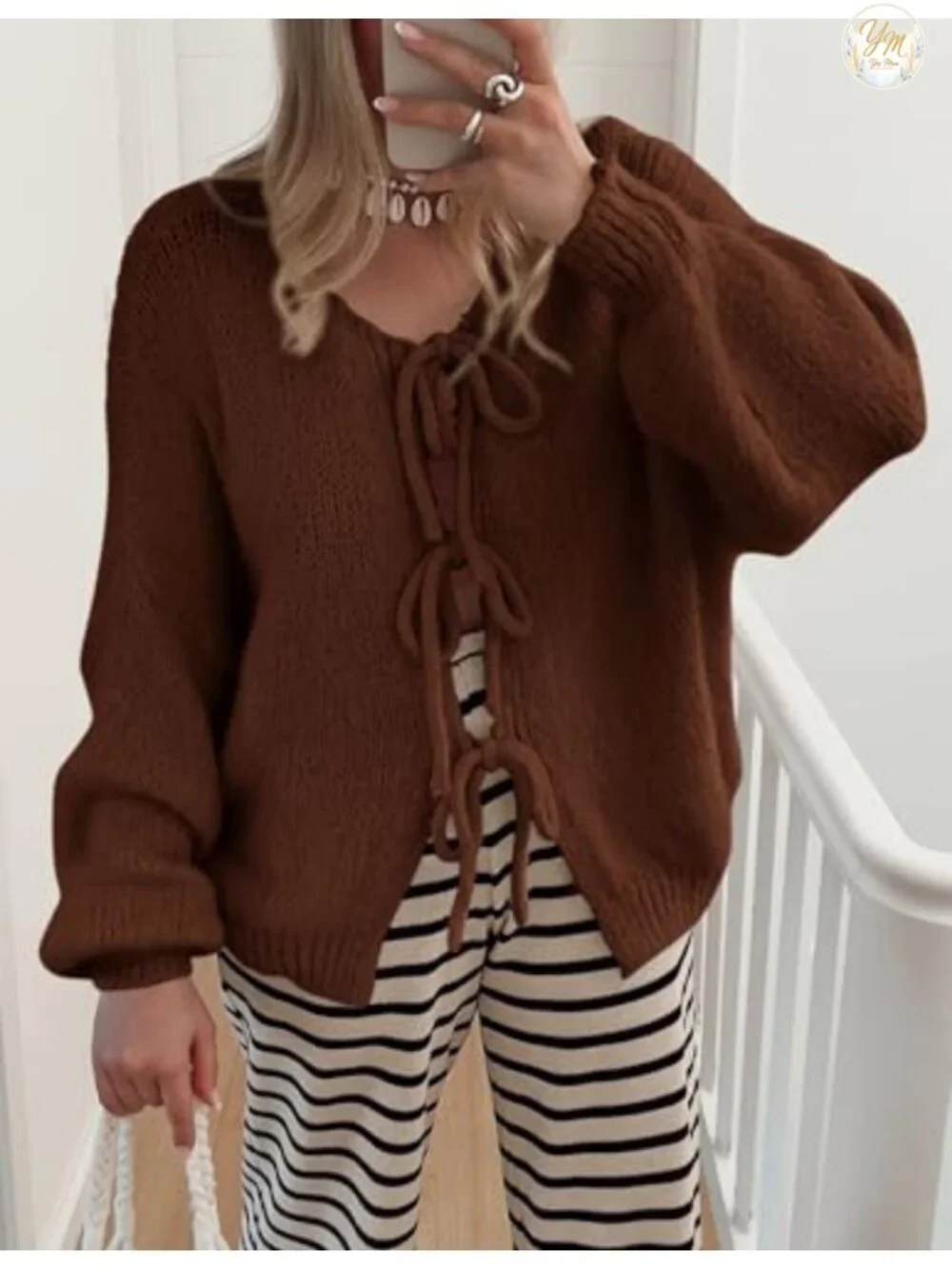 Women's Tie Front Bow Cardigan, Puff Sleeve Cable Knit Open Front Sweater